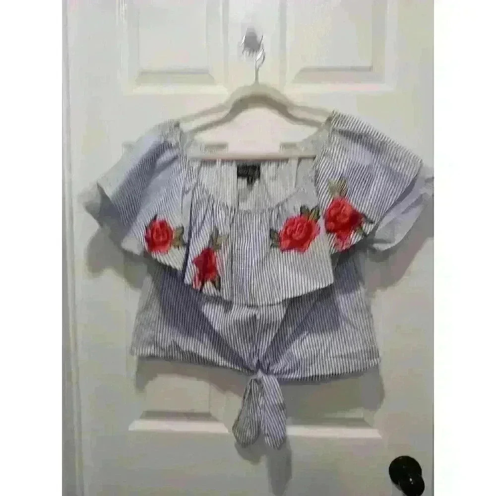 World Together Roses Crop Top MEDIUM Blue White Striped Embroidered Roses Ruffle